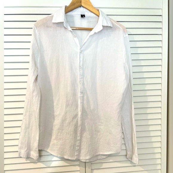 White Linen blouse Semi Sheer Shirt button up Cesneoik - Picture 1 of 9